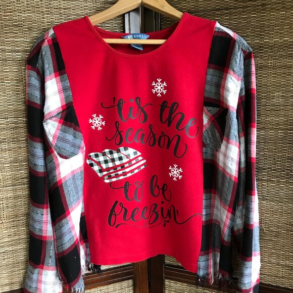 Reworked Flannel Tee, Size S-M: Upcycled Oversized Winter Graphic Sweatshirt - Picture 8 of 11